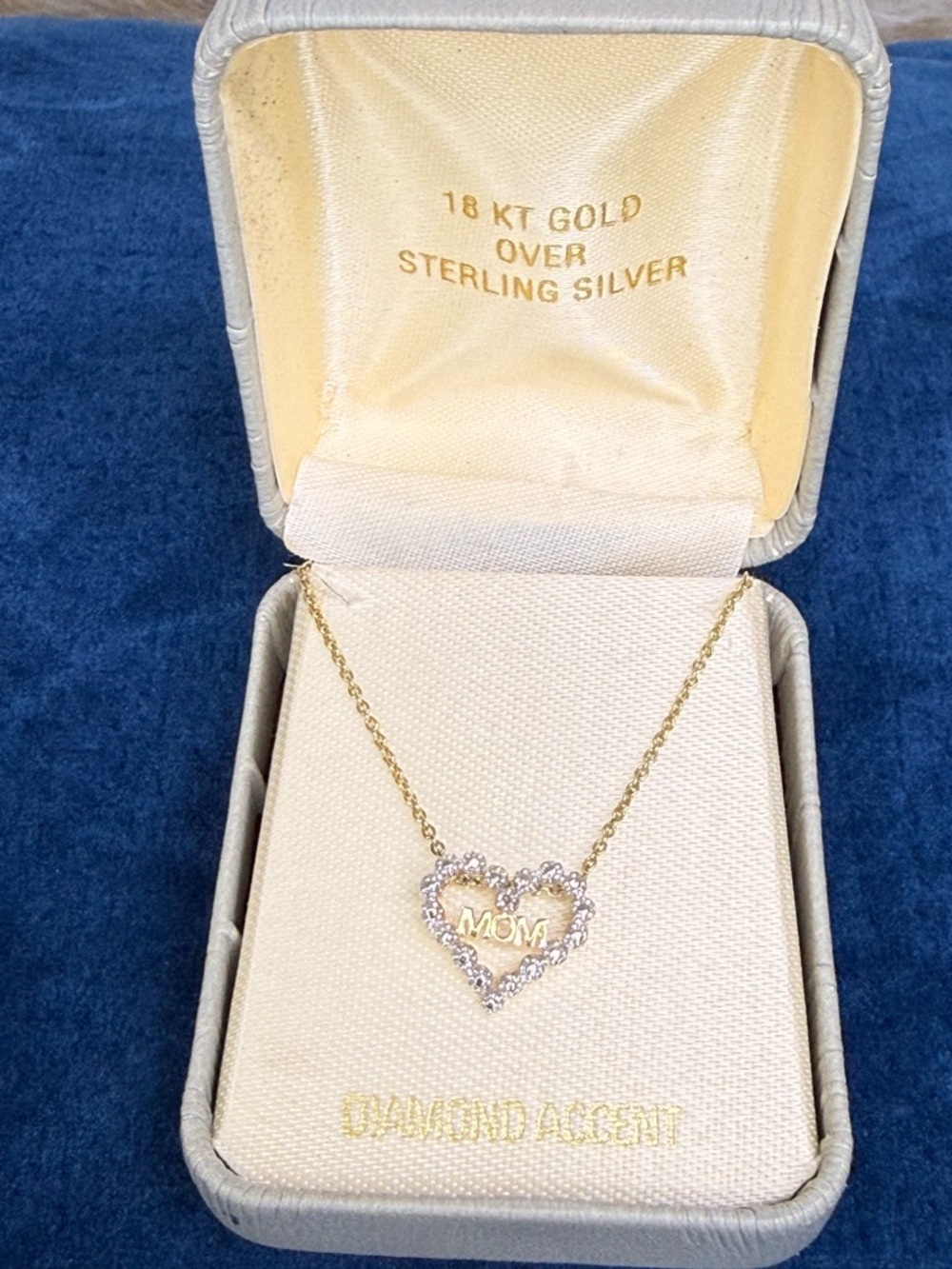 Vintage 18k Gold Over 925 Silver Stud Accent MOM Heart Pendant Necklace 18"‎